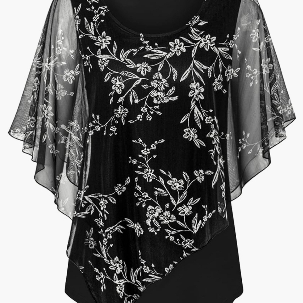Black Floral Chiffon Poncho Top Blouse